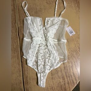 Auden White Lace Sheer Bodysuit